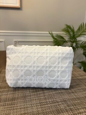 Dior White Textured Zip Cosmetic Pouch